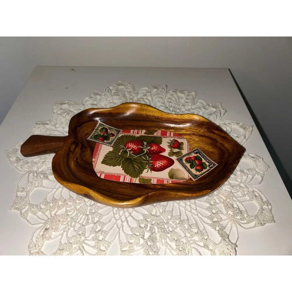 Lailani Monkey Pod Wood Leaf Tray Hawaii Strawberry Motif Vintage Catchall Dish